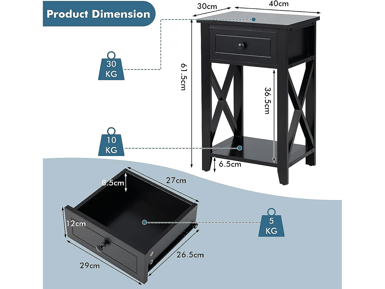 Table de Chevet avec Tiroir et Étagère Ouverte, Table de Nuit Table d'Appoint Poignée en Métal pour Salon, Chambre, Bureau, Appartement, 40x30x61,5cm (Noir)