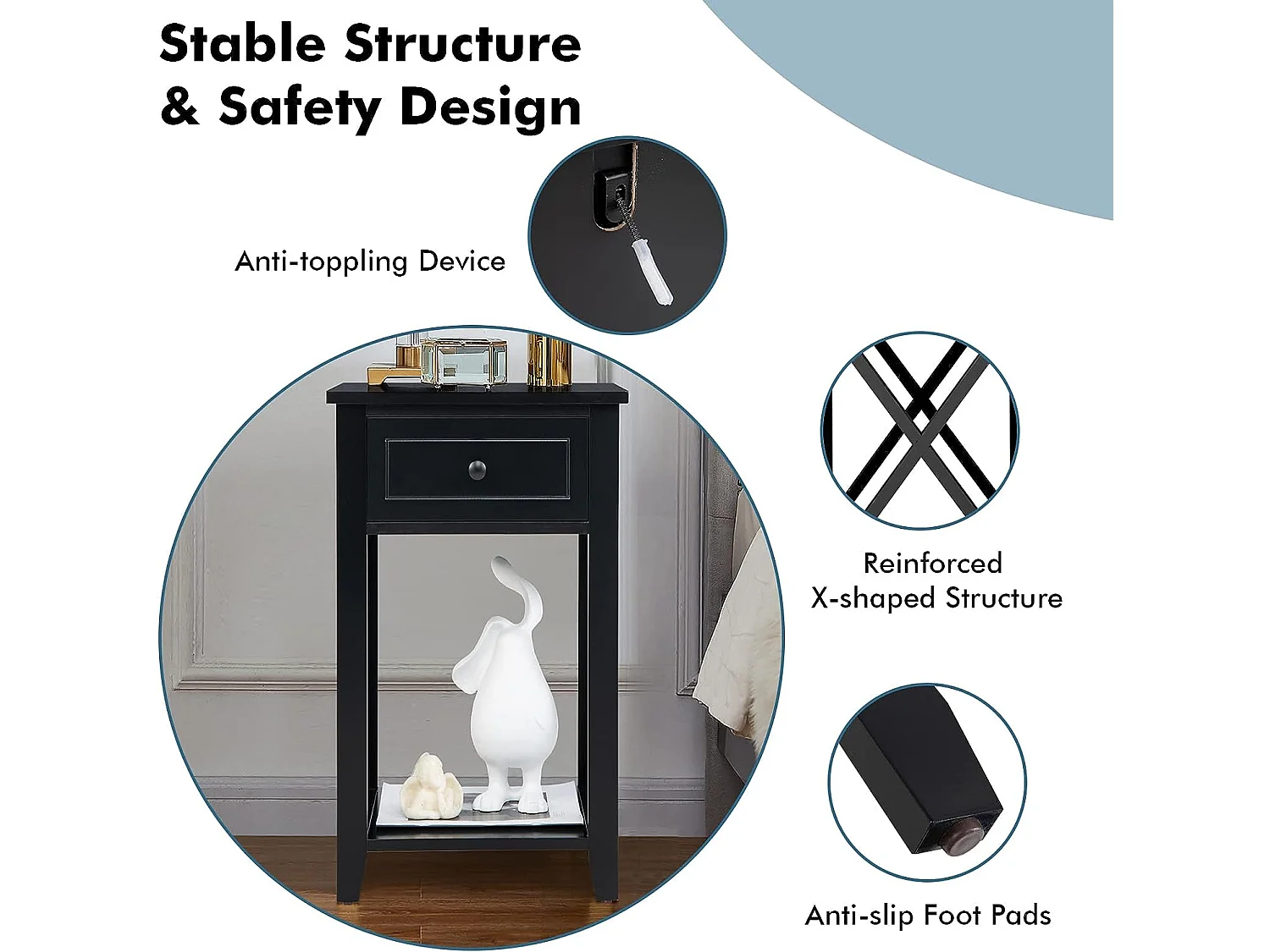 Table de Chevet avec Tiroir et Étagère Ouverte, Table de Nuit Table d'Appoint Poignée en Métal pour Salon, Chambre, Bureau, Appartement, 40x30x61,5cm (Noir)