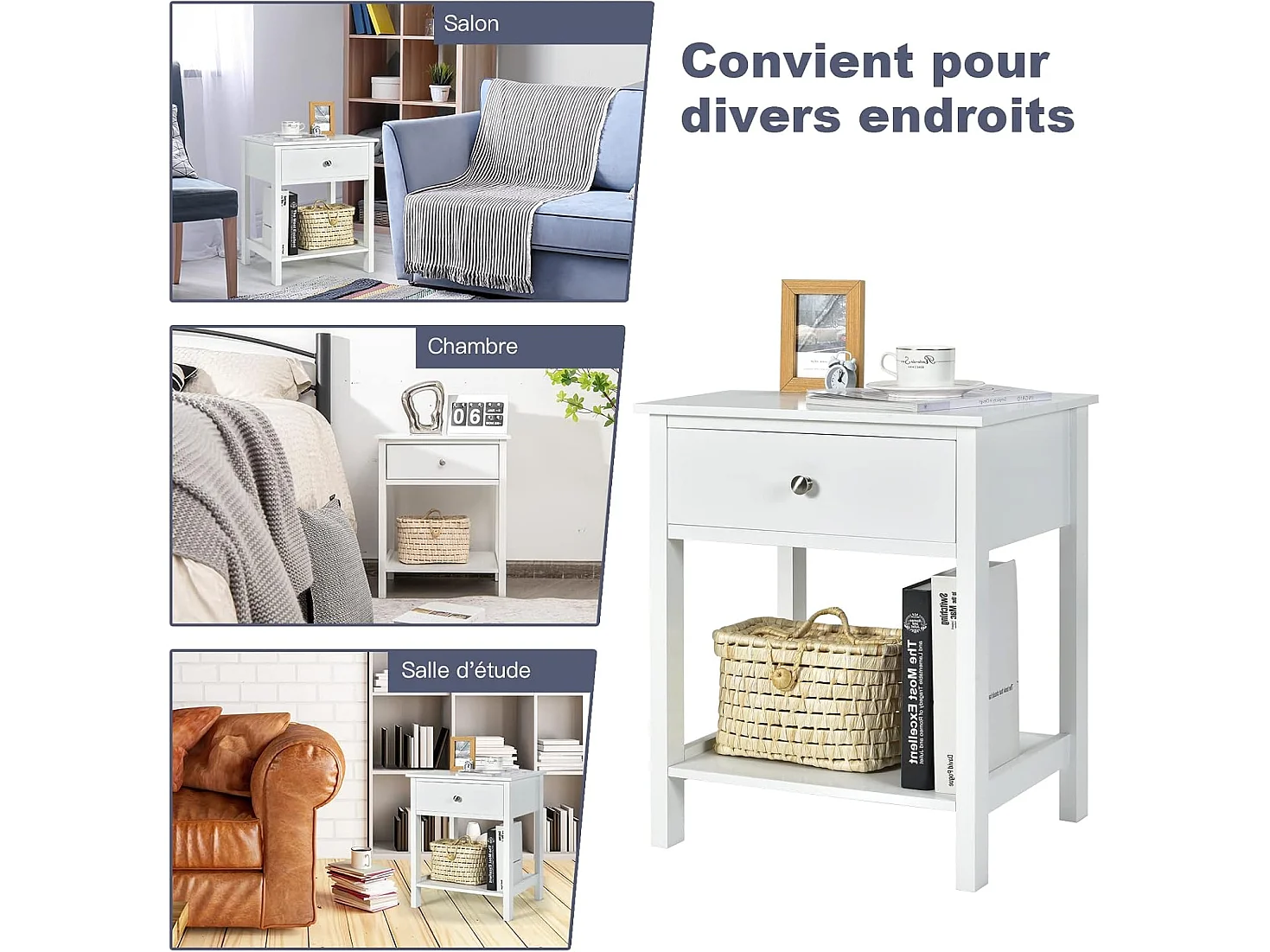 Table de Chevet Lot de 2, Table d'Appoint Moderne pour Chambre, Salon, Canapé, 48 x 40 x 58 CM, Assemblage Facile, Blanc