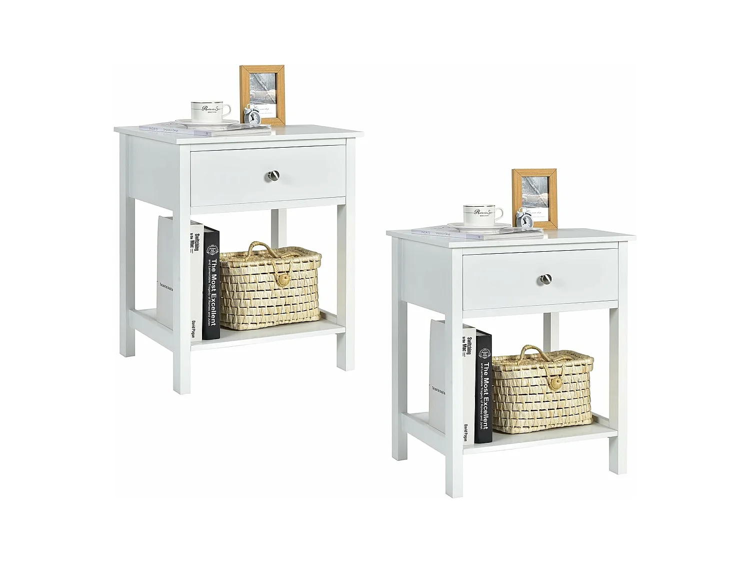 Table de Chevet Lot de 2, Table d'Appoint Moderne pour Chambre, Salon, Canapé, 48 x 40 x 58 CM, Assemblage Facile, Blanc