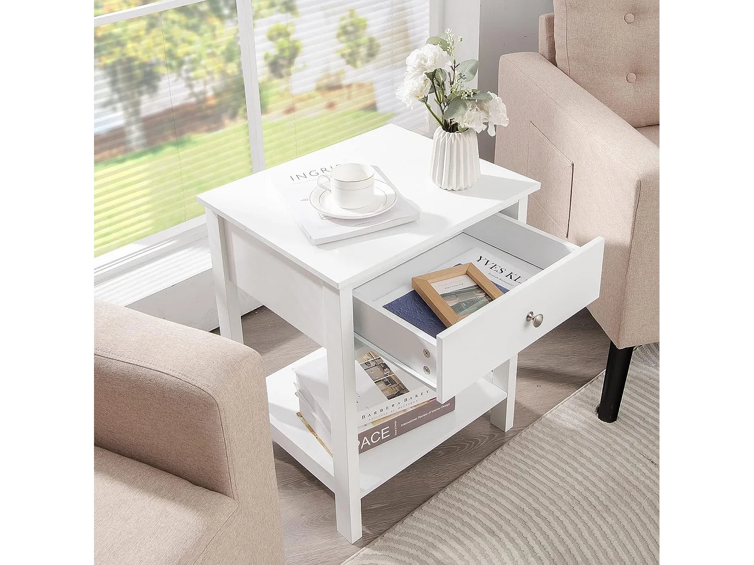 Table de Chevet Lot de 2, Table d'Appoint Moderne pour Chambre, Salon, Canapé, 48 x 40 x 58 CM, Assemblage Facile, Blanc