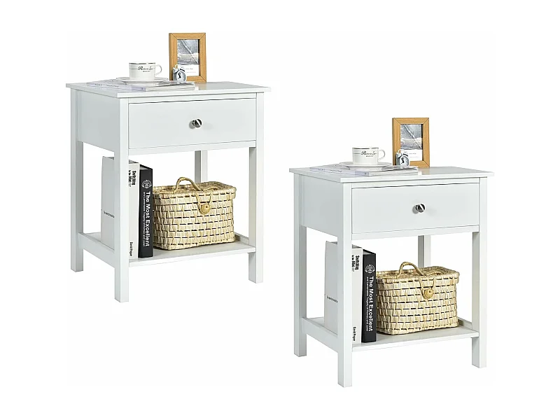 Table de Chevet Lot de 2, Table d'Appoint Moderne pour Chambre, Salon, Canapé, 48 x 40 x 58 CM, Assemblage Facile, Blanc
