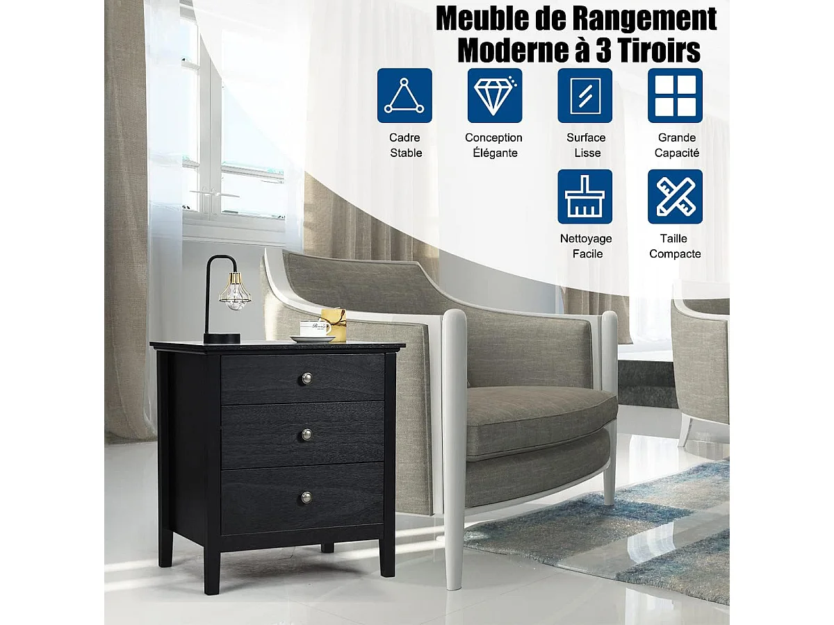Table de Chevet à 3 Tiroirs, 60 cm x 45 cm x 66 cm, Table de Nuit avec Grand Espace Noir
