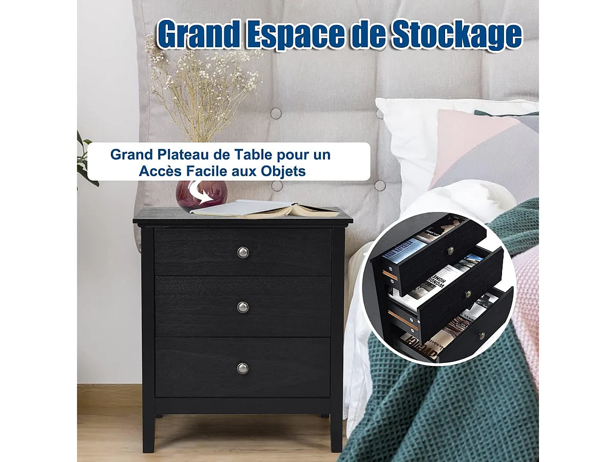 Table de Chevet à 3 Tiroirs, 60 cm x 45 cm x 66 cm, Table de Nuit avec Grand Espace Noir