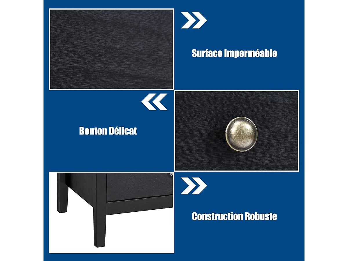 Table de Chevet à 3 Tiroirs, 60 cm x 45 cm x 66 cm, Table de Nuit avec Grand Espace Noir