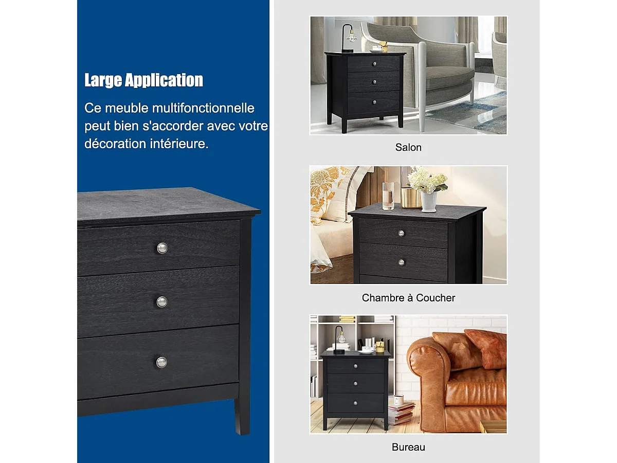 Table de Chevet à 3 Tiroirs, 60 cm x 45 cm x 66 cm, Table de Nuit avec Grand Espace Noir