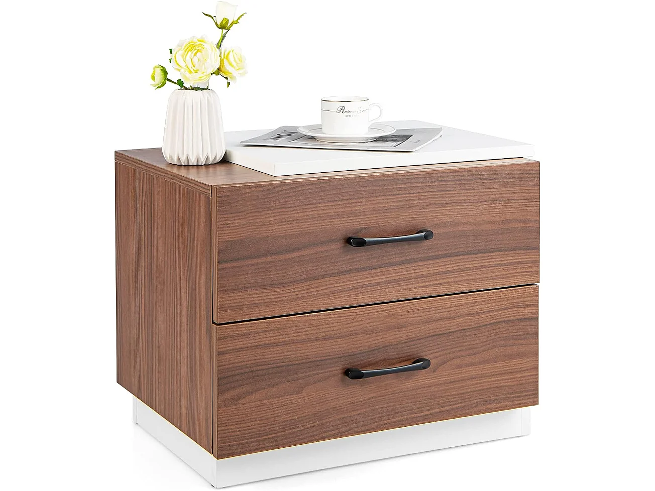 Table de Chevet Table de Nuit 55 x 40 x 45 cm, Bout de Canapé 2 Tiroirs avec Poignée Design Moderne pour Chambre Salon Bureau (Blanc+Noyer)