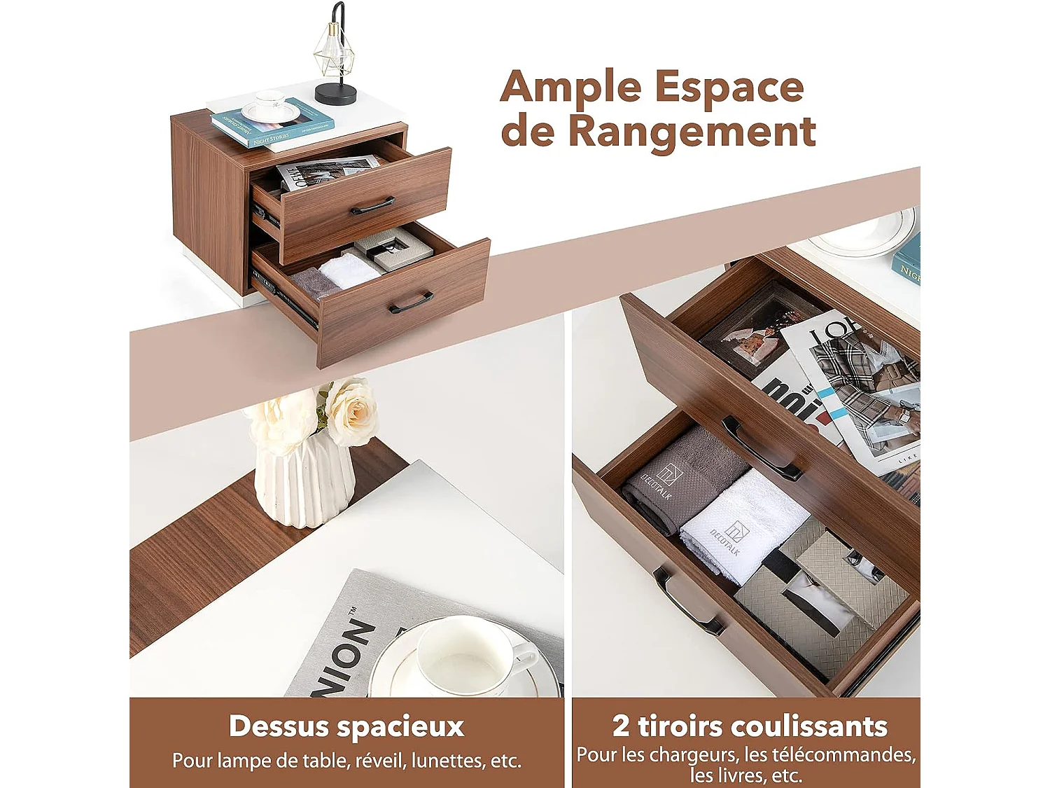 Table de Chevet Table de Nuit 55 x 40 x 45 cm, Bout de Canapé 2 Tiroirs avec Poignée Design Moderne pour Chambre Salon Bureau (Blanc+Noyer)