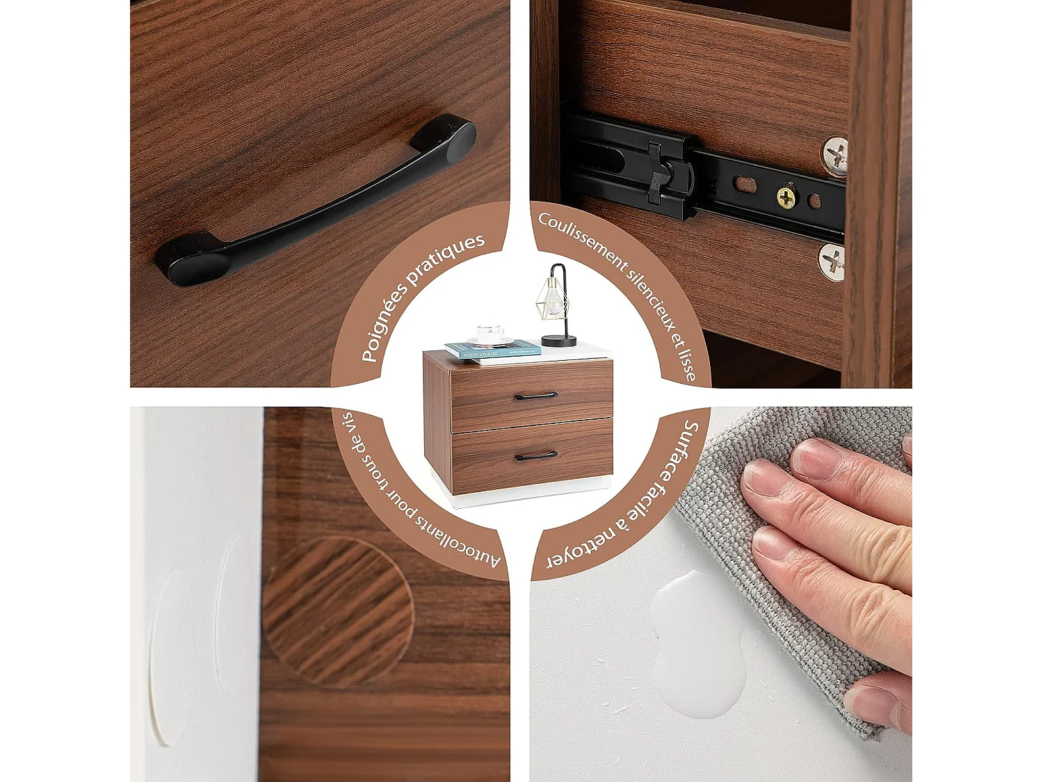 Table de Chevet Table de Nuit 55 x 40 x 45 cm, Bout de Canapé 2 Tiroirs avec Poignée Design Moderne pour Chambre Salon Bureau (Blanc+Noyer)