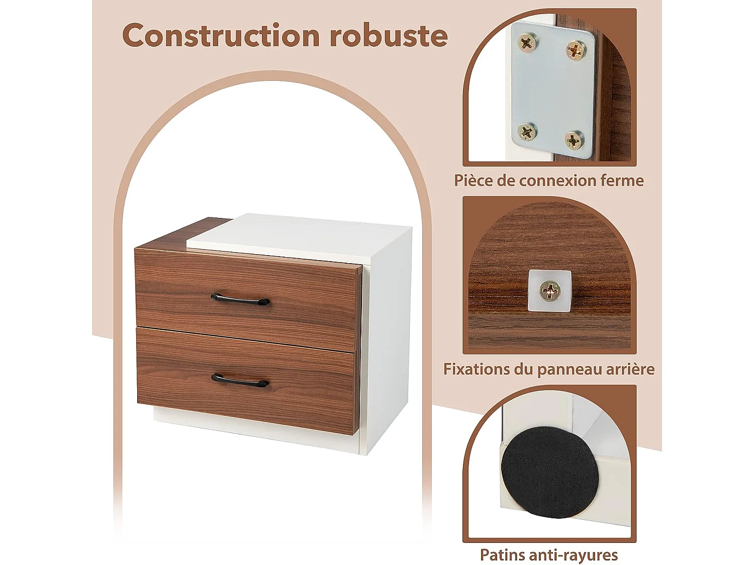 Table de Chevet Table de Nuit 55 x 40 x 45 cm, Bout de Canapé 2 Tiroirs avec Poignée Design Moderne pour Chambre Salon Bureau (Blanc+Noyer)