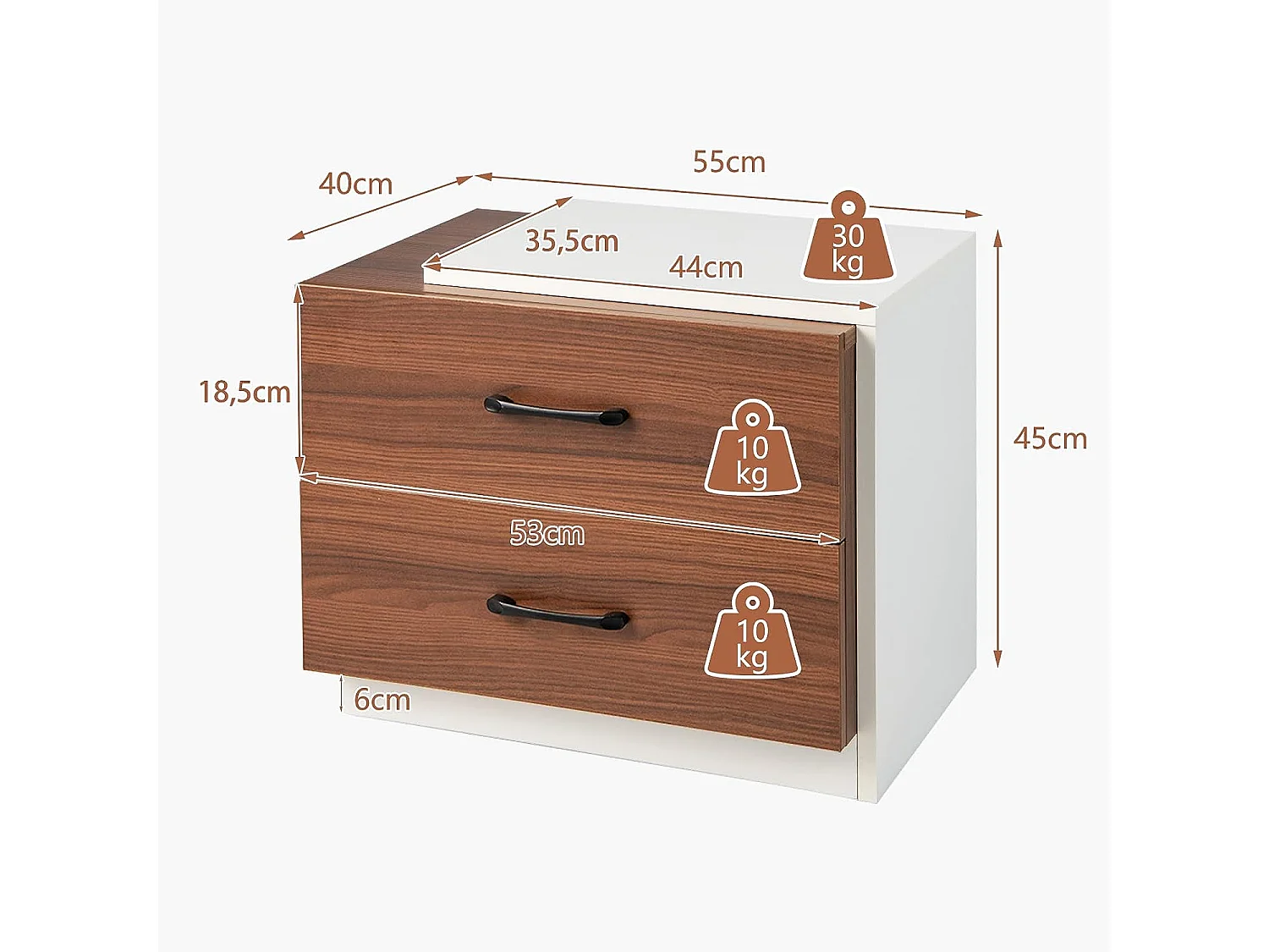 Table de Chevet Table de Nuit 55 x 40 x 45 cm, Bout de Canapé 2 Tiroirs avec Poignée Design Moderne pour Chambre Salon Bureau (Blanc+Noyer)