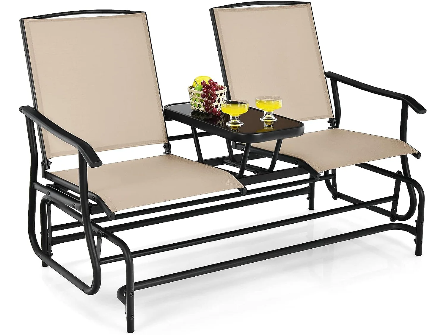 Ensemble de Meubles de Jardin 3 pièces Charge Total 240KG, Salon de Jardin avec 2 Fauteuils à Bascule et Table Centrale en Verre Trempé, pour Cour Piscine Beige