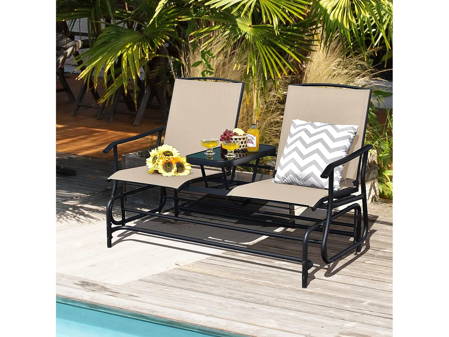 Ensemble de Meubles de Jardin 3 pièces Charge Total 240KG, Salon de Jardin avec 2 Fauteuils à Bascule et Table Centrale en Verre Trempé, pour Cour Piscine Beige