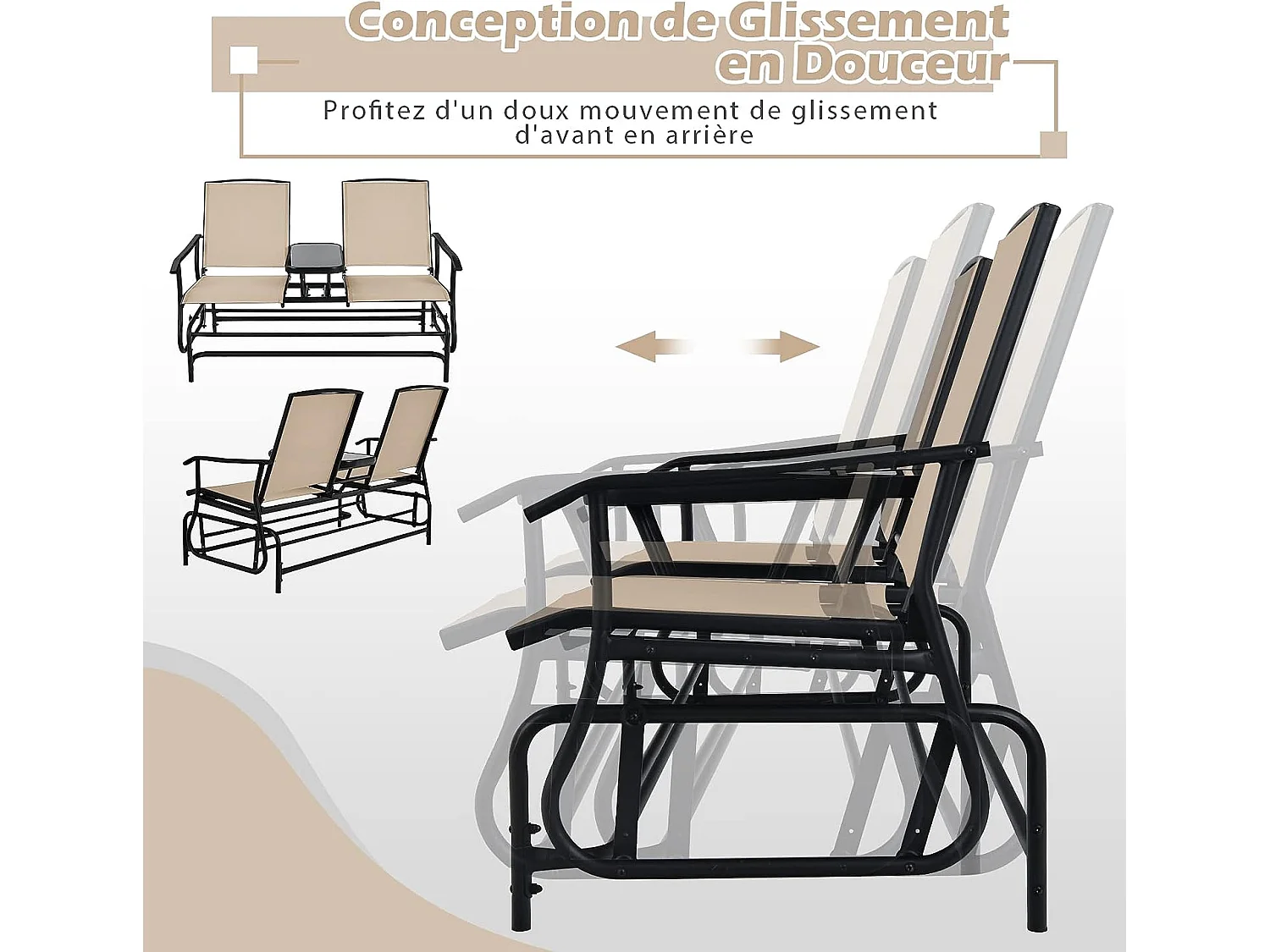 Ensemble de Meubles de Jardin 3 pièces Charge Total 240KG, Salon de Jardin avec 2 Fauteuils à Bascule et Table Centrale en Verre Trempé, pour Cour Piscine Beige