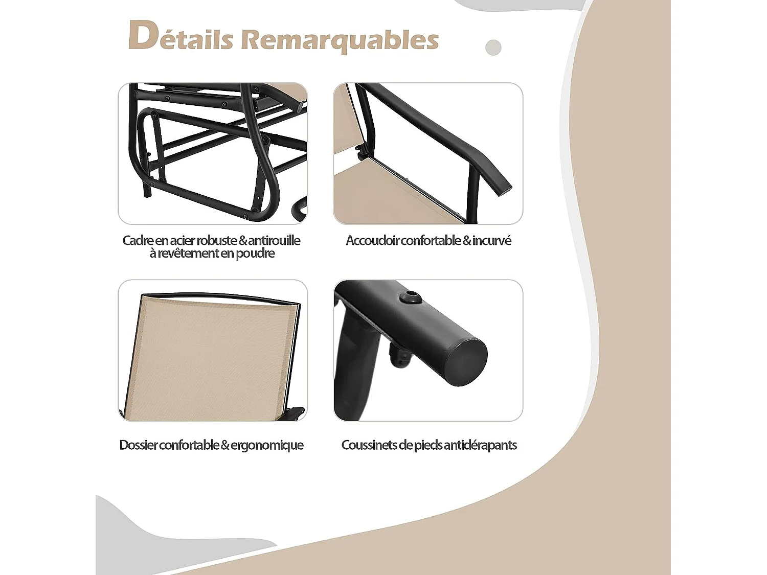 Ensemble de Meubles de Jardin 3 pièces Charge Total 240KG, Salon de Jardin avec 2 Fauteuils à Bascule et Table Centrale en Verre Trempé, pour Cour Piscine Beige