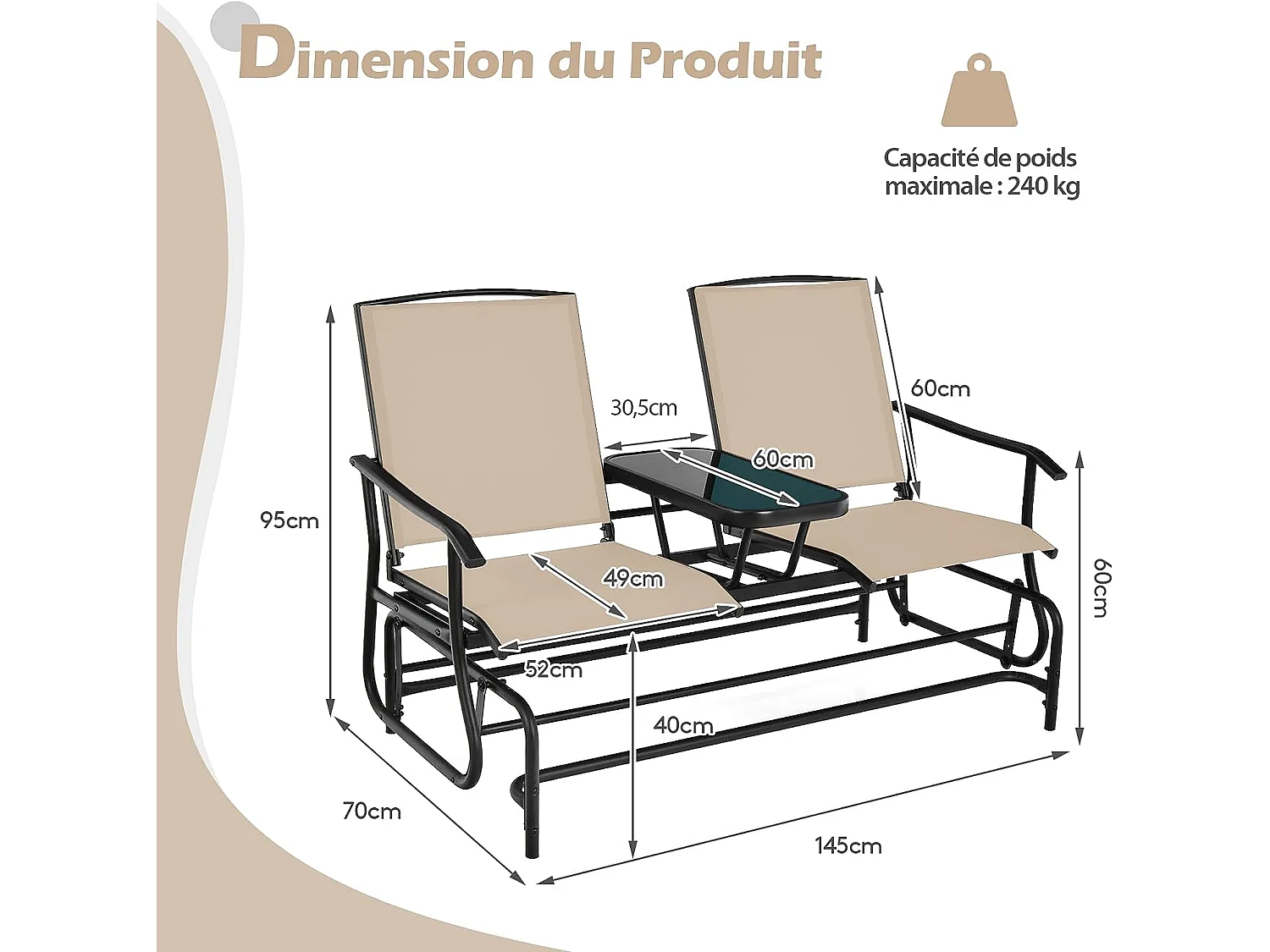 Ensemble de Meubles de Jardin 3 pièces Charge Total 240KG, Salon de Jardin avec 2 Fauteuils à Bascule et Table Centrale en Verre Trempé, pour Cour Piscine Beige