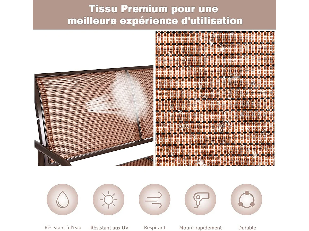 Fauteuil à Bascule de Jardin Extérieur pour 2 Personnes en Acier Tissu et velours Textilène Charge 180KG pour Terrasse Jardin Piscine