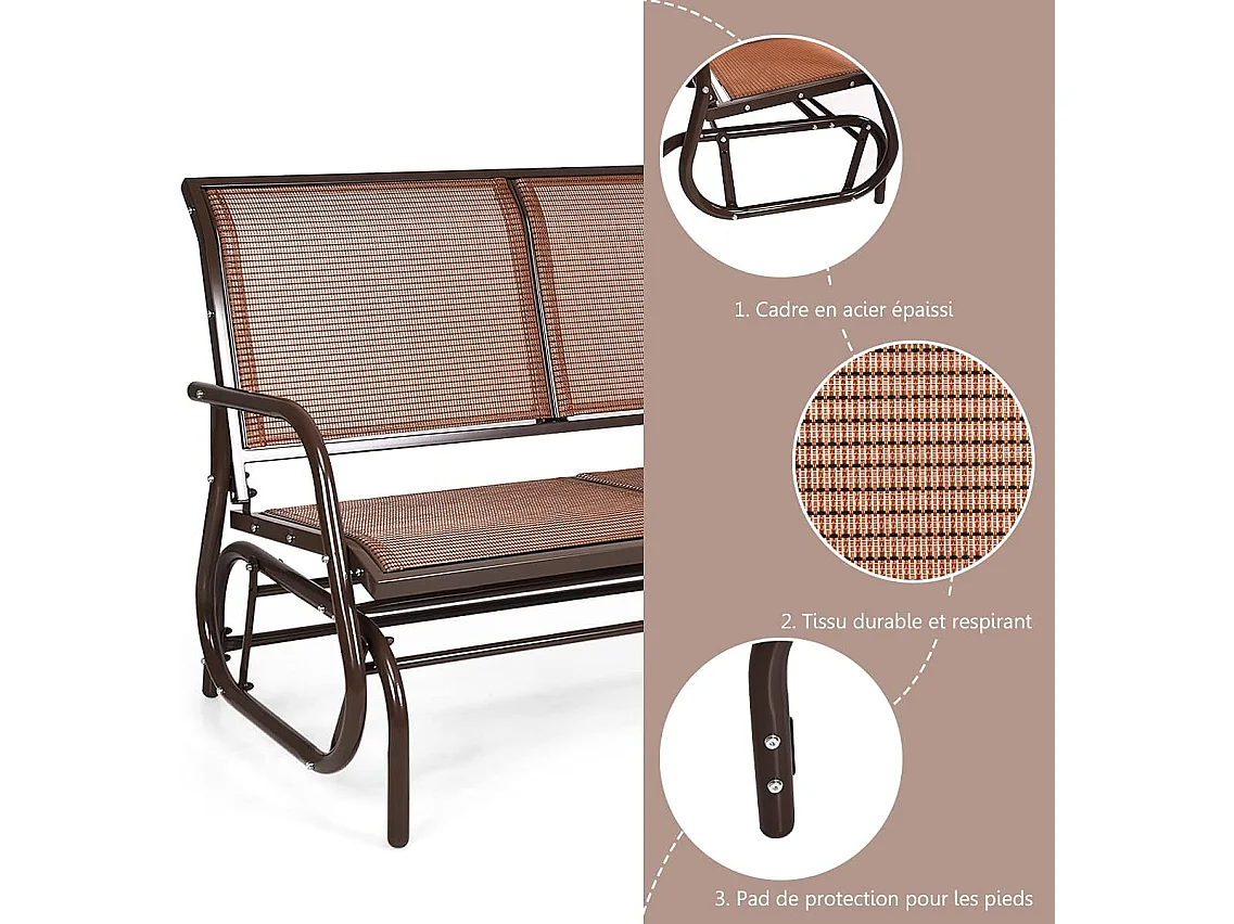 Fauteuil à Bascule de Jardin Extérieur pour 2 Personnes en Acier Tissu et velours Textilène Charge 180KG pour Terrasse Jardin Piscine