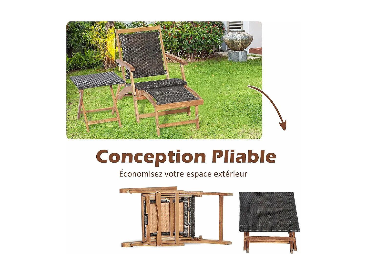 Chaise Longue en Rotin avec Table d'Appoint, Fibre naturelle et Bois d'Acacia Certifié FSC avec Repose-Pied Rétractable et Accoudoirs Charge 160KG, Bain de Soleil avec Table d'Appoint Carré Pliable Extérieur