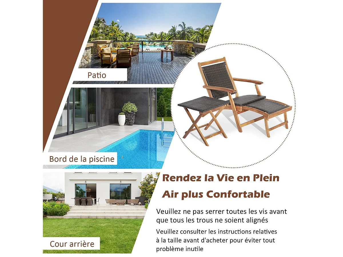 Chaise Longue en Rotin avec Table d'Appoint, Fibre naturelle et Bois d'Acacia Certifié FSC avec Repose-Pied Rétractable et Accoudoirs Charge 160KG, Bain de Soleil avec Table d'Appoint Carré Pliable Extérieur