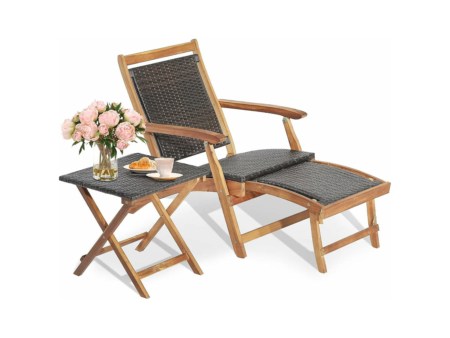 Chaise Longue en Rotin avec Table d'Appoint, Fibre naturelle et Bois d'Acacia Certifié FSC avec Repose-Pied Rétractable et Accoudoirs Charge 160KG, Bain de Soleil avec Table d'Appoint Carré Pliable Extérieur