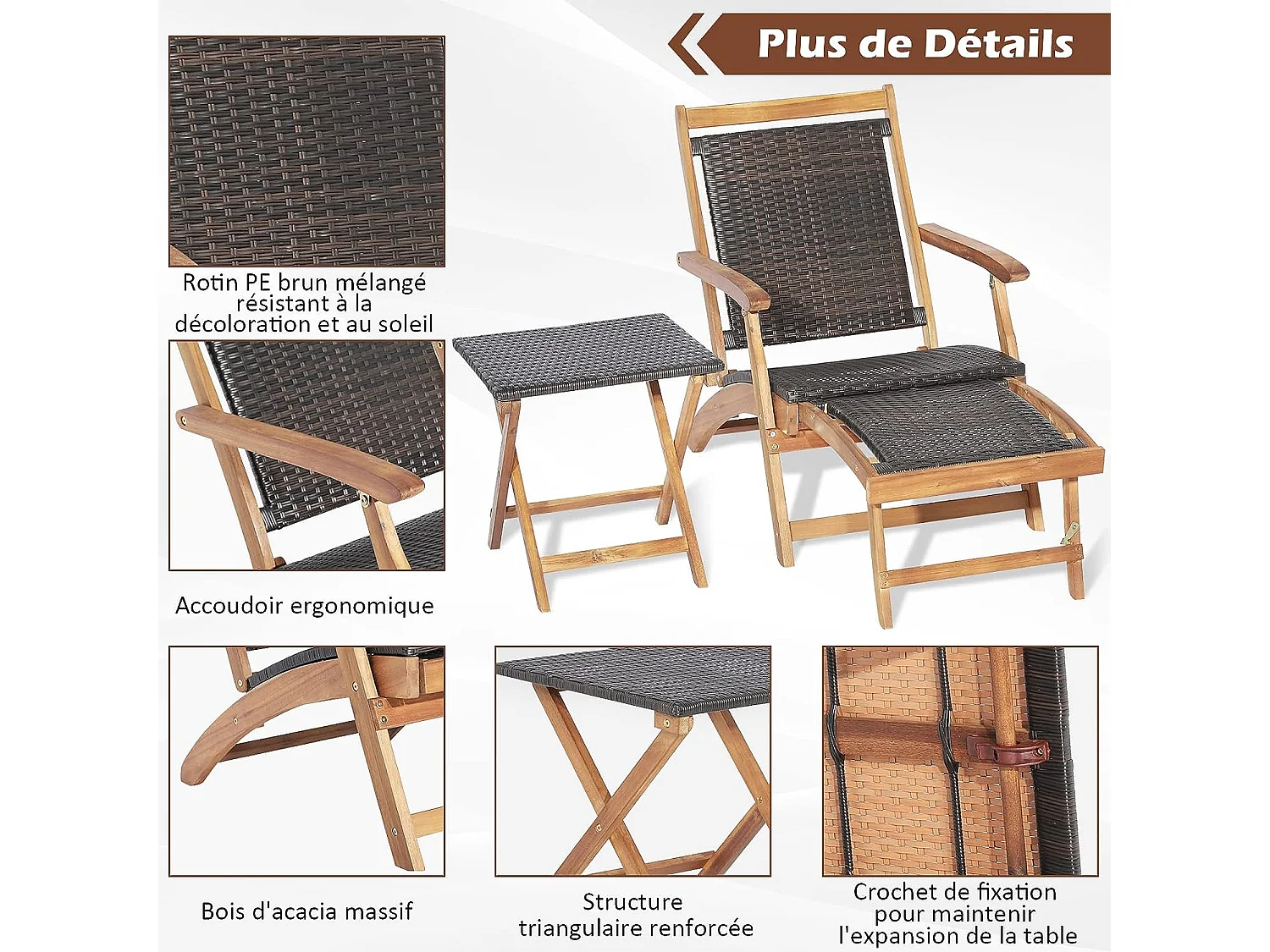 Chaise Longue en Rotin avec Table d'Appoint, Fibre naturelle et Bois d'Acacia Certifié FSC avec Repose-Pied Rétractable et Accoudoirs Charge 160KG, Bain de Soleil avec Table d'Appoint Carré Pliable Extérieur