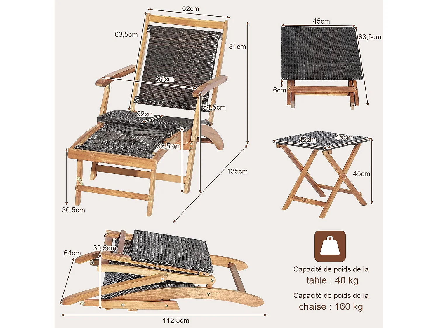 Chaise Longue en Rotin avec Table d'Appoint, Fibre naturelle et Bois d'Acacia Certifié FSC avec Repose-Pied Rétractable et Accoudoirs Charge 160KG, Bain de Soleil avec Table d'Appoint Carré Pliable Extérieur