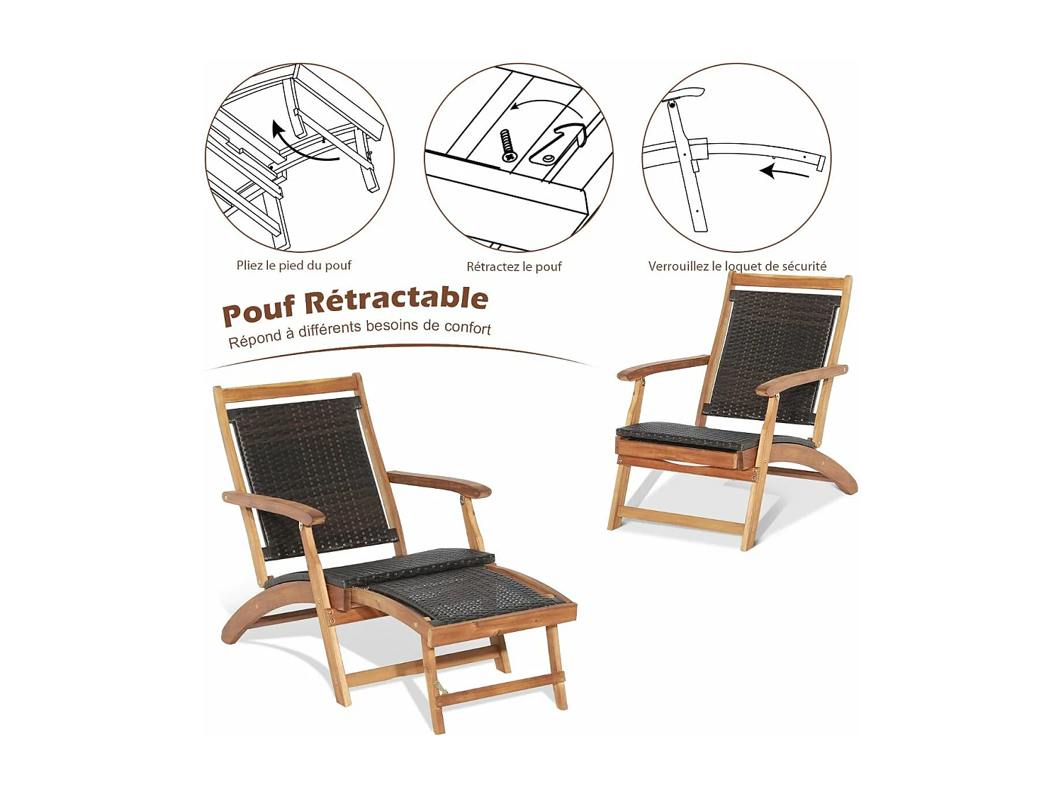 Chaise Longue en Rotin avec Table d'Appoint, Fibre naturelle et Bois d'Acacia Certifié FSC avec Repose-Pied Rétractable et Accoudoirs Charge 160KG, Bain de Soleil avec Table d'Appoint Carré Pliable Extérieur
