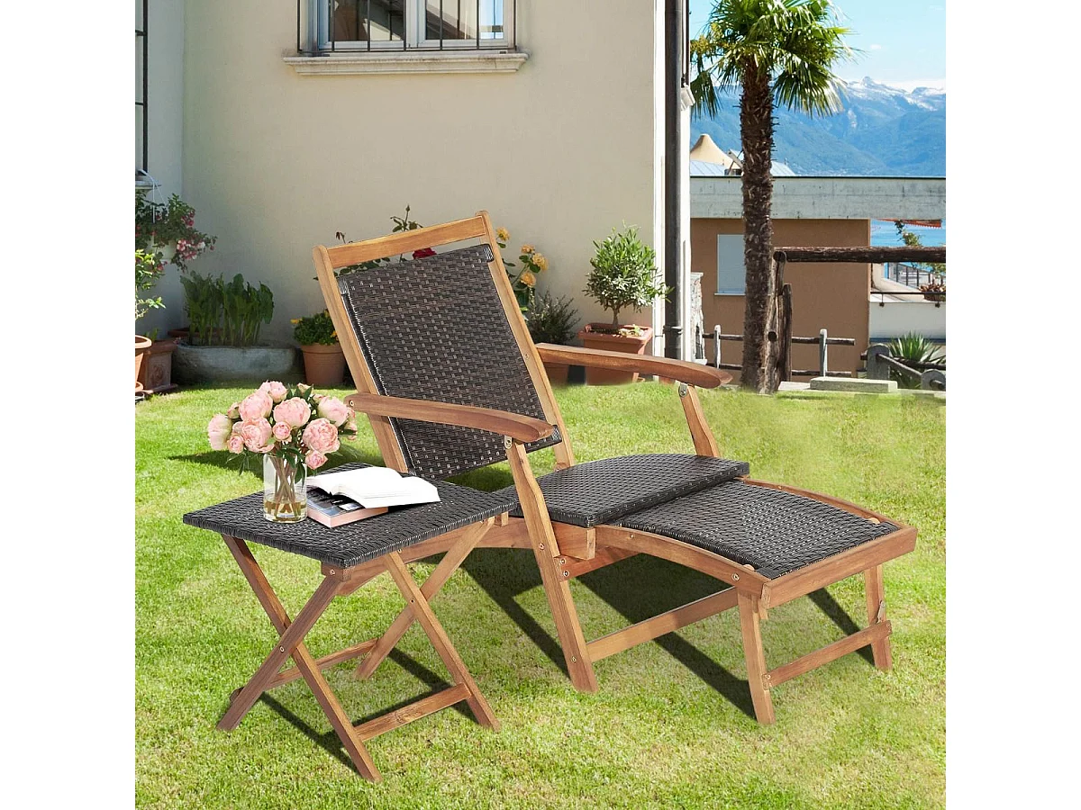 Chaise Longue en Rotin avec Table d'Appoint, Fibre naturelle et Bois d'Acacia Certifié FSC avec Repose-Pied Rétractable et Accoudoirs Charge 160KG, Bain de Soleil avec Table d'Appoint Carré Pliable Extérieur