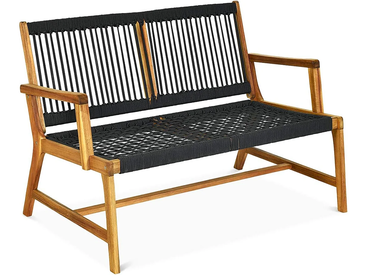 Banc de Jardin en Bois d'Acacia Certifié FSC 2 Places Assise Dossier en Corde Tressée Charge Max 320 kg avec Finition à l'Huile de Teck