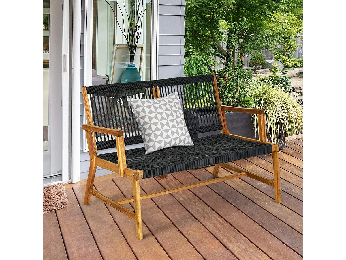 Banc de Jardin en Bois d'Acacia Certifié FSC 2 Places Assise Dossier en Corde Tressée Charge Max 320 kg avec Finition à l'Huile de Teck