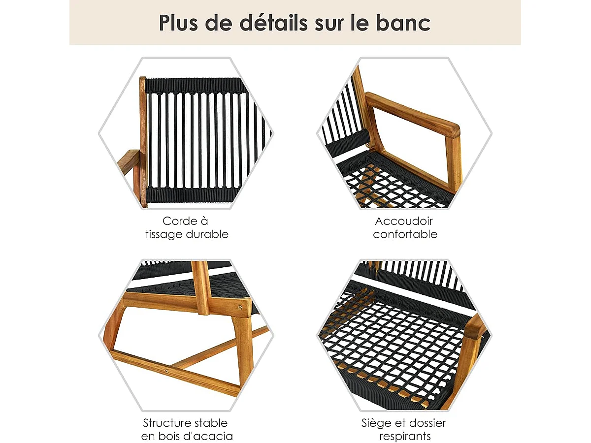 Banc de Jardin en Bois d'Acacia Certifié FSC 2 Places Assise Dossier en Corde Tressée Charge Max 320 kg avec Finition à l'Huile de Teck