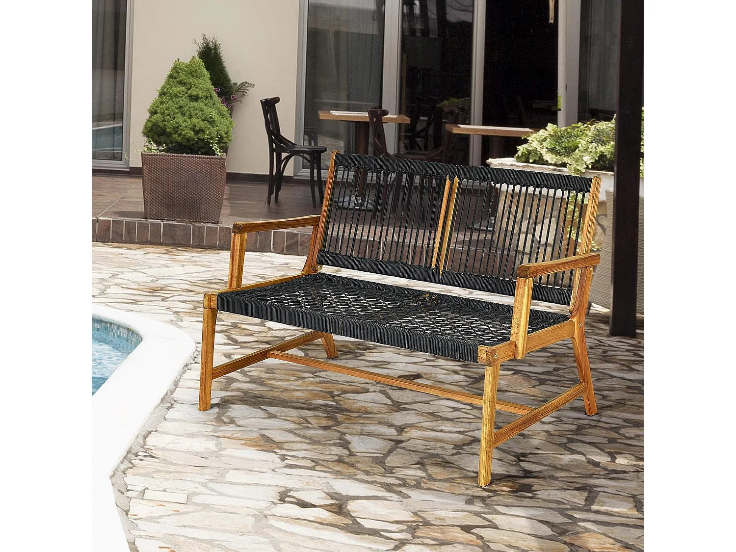 Banc de Jardin en Bois d'Acacia Certifié FSC 2 Places Assise Dossier en Corde Tressée Charge Max 320 kg avec Finition à l'Huile de Teck