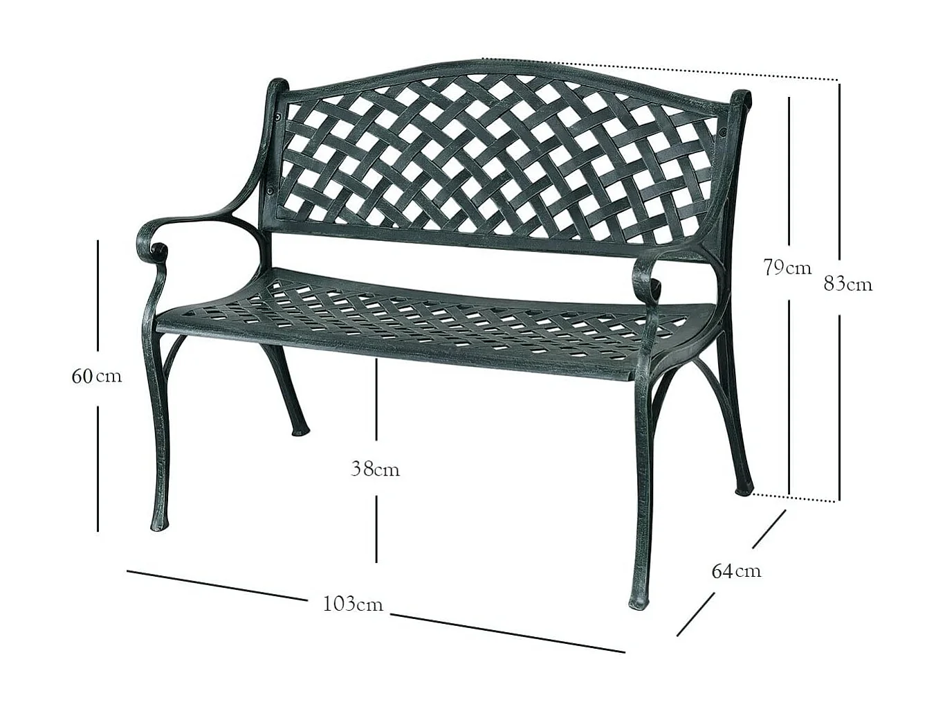 Banc de Jardin en Fonte d'Aluminium, Banc 2-3 Places avec Accoudoirs, Dossier et Design Ajouré, Charge Max 280KG, 103x64x83cm, pour Terrasse/Cour/Balcon/Pelouse/Parc