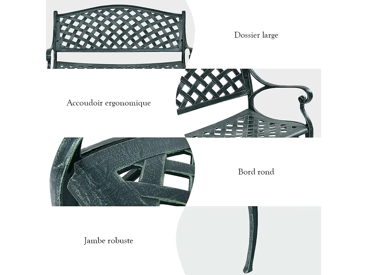 Banc de Jardin en Fonte d'Aluminium, Banc 2-3 Places avec Accoudoirs, Dossier et Design Ajouré, Charge Max 280KG, 103x64x83cm, pour Terrasse/Cour/Balcon/Pelouse/Parc