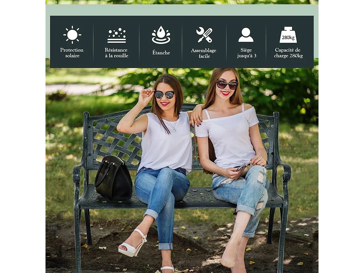 Banc de Jardin en Fonte d'Aluminium, Banc 2-3 Places avec Accoudoirs, Dossier et Design Ajouré, Charge Max 280KG, 103x64x83cm, pour Terrasse/Cour/Balcon/Pelouse/Parc