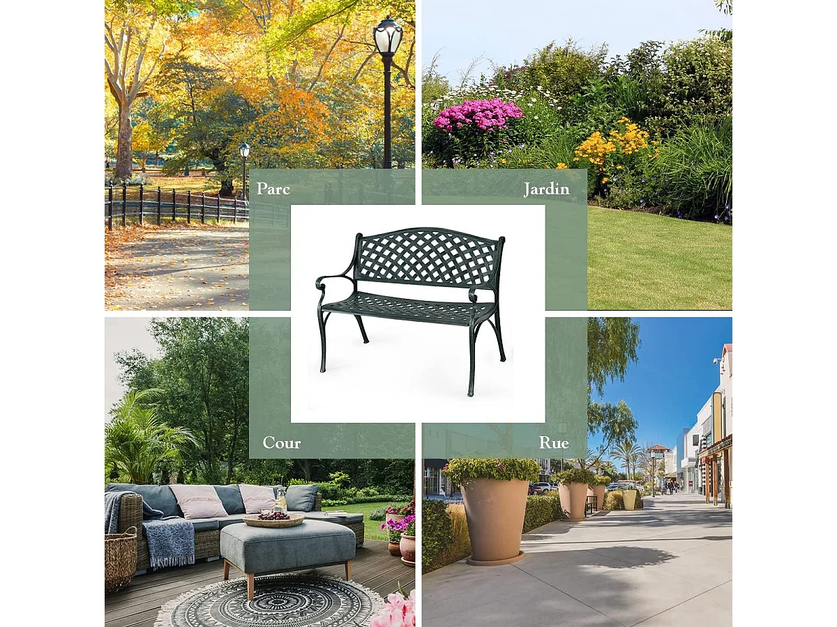 Banc de Jardin en Fonte d'Aluminium, Banc 2-3 Places avec Accoudoirs, Dossier et Design Ajouré, Charge Max 280KG, 103x64x83cm, pour Terrasse/Cour/Balcon/Pelouse/Parc