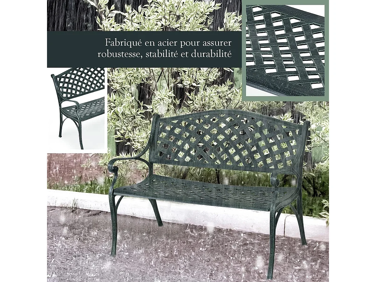 Banc de Jardin en Fonte d'Aluminium, Banc 2-3 Places avec Accoudoirs, Dossier et Design Ajouré, Charge Max 280KG, 103x64x83cm, pour Terrasse/Cour/Balcon/Pelouse/Parc