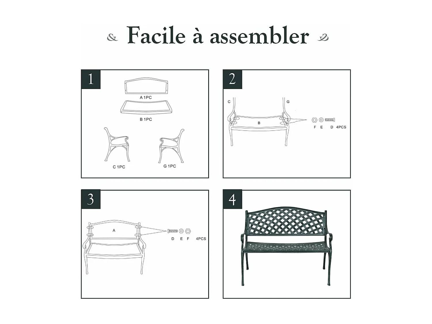 Banc de Jardin en Fonte d'Aluminium, Banc 2-3 Places avec Accoudoirs, Dossier et Design Ajouré, Charge Max 280KG, 103x64x83cm, pour Terrasse/Cour/Balcon/Pelouse/Parc