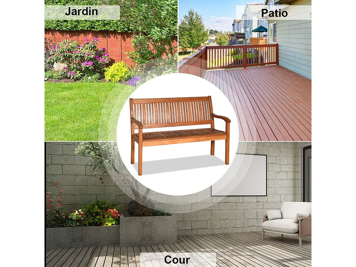 Banc de jardin en bois, bans d’extérieur pour 2 ou 3 personnes avec dossier et accoudoir large，126 x 63 x 91 cm