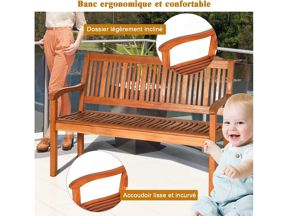 Banc de jardin en bois, bans d’extérieur pour 2 ou 3 personnes avec dossier et accoudoir large，126 x 63 x 91 cm