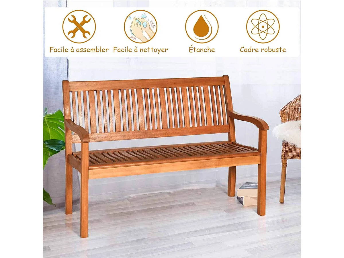 Banc de jardin en bois, bans d’extérieur pour 2 ou 3 personnes avec dossier et accoudoir large，126 x 63 x 91 cm