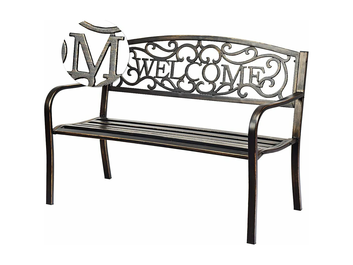 Banc de Jardin 3 Places Extérieur Cadre Métallique Style Ancien 127 x 63,5 x 89 cm Résistant aux Intempéries Charge 320kg