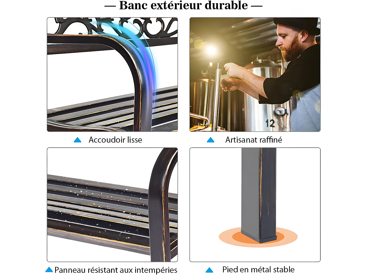 Banc de Jardin 3 Places Extérieur Cadre Métallique Style Ancien 127 x 63,5 x 89 cm Résistant aux Intempéries Charge 320kg