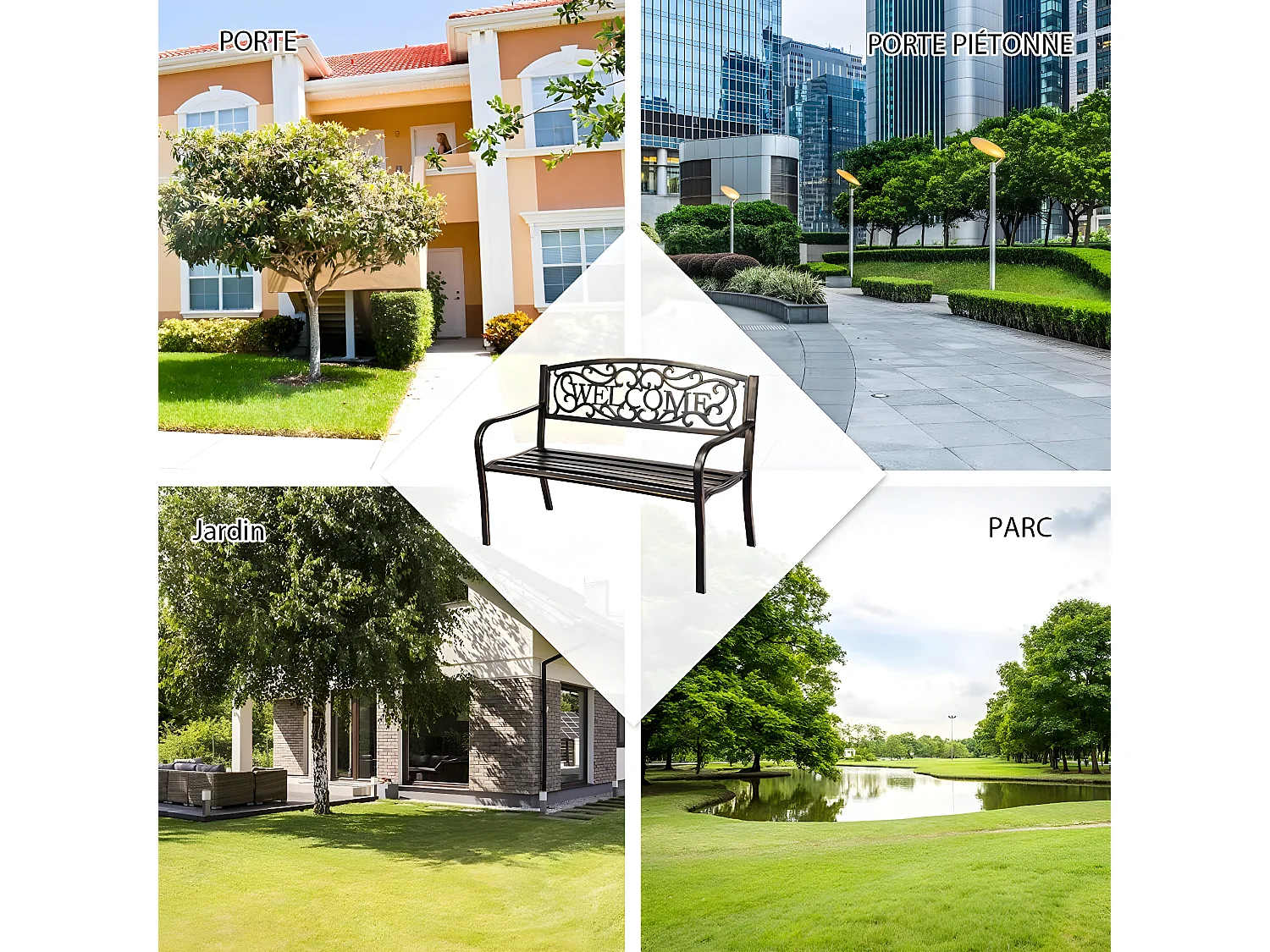 Banc de Jardin 3 Places Extérieur Cadre Métallique Style Ancien 127 x 63,5 x 89 cm Résistant aux Intempéries Charge 320kg