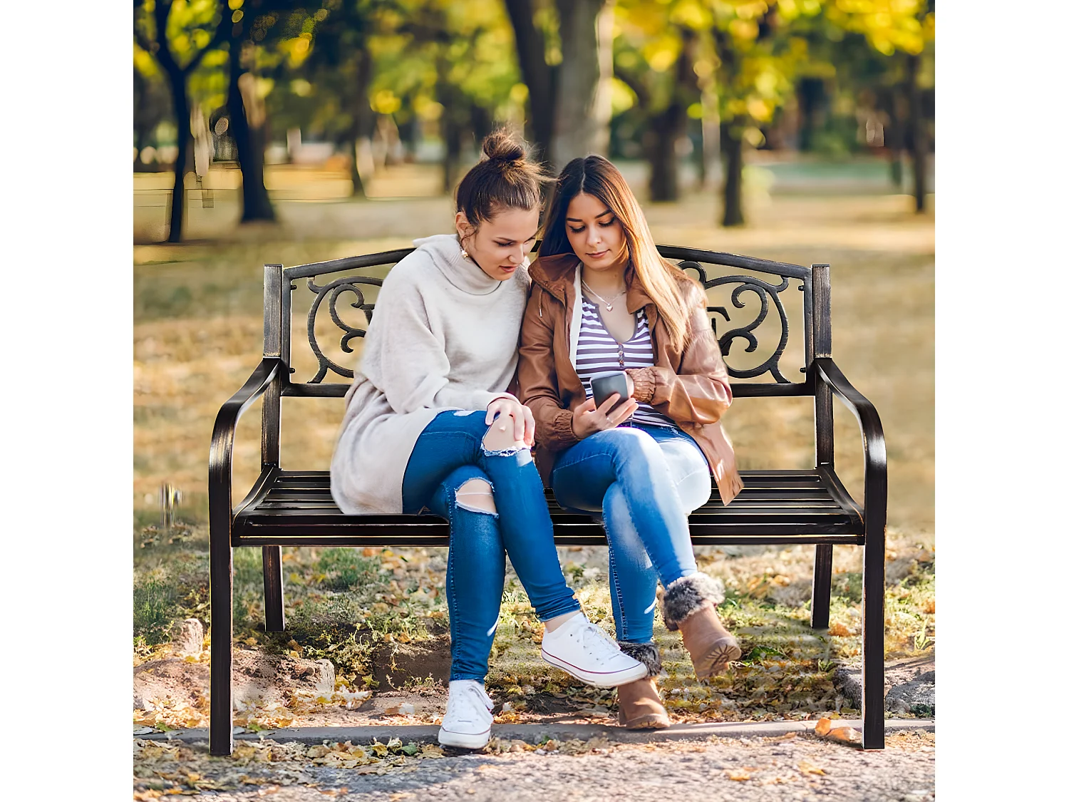 Banc de Jardin 3 Places Extérieur Cadre Métallique Style Ancien 127 x 63,5 x 89 cm Résistant aux Intempéries Charge 320kg