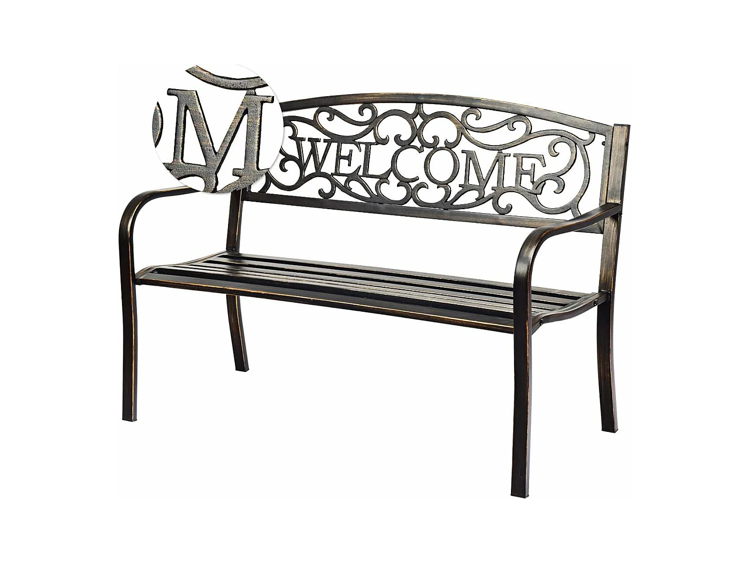Banc de Jardin 3 Places Extérieur Cadre Métallique Style Ancien 127 x 63,5 x 89 cm Résistant aux Intempéries Charge 320kg