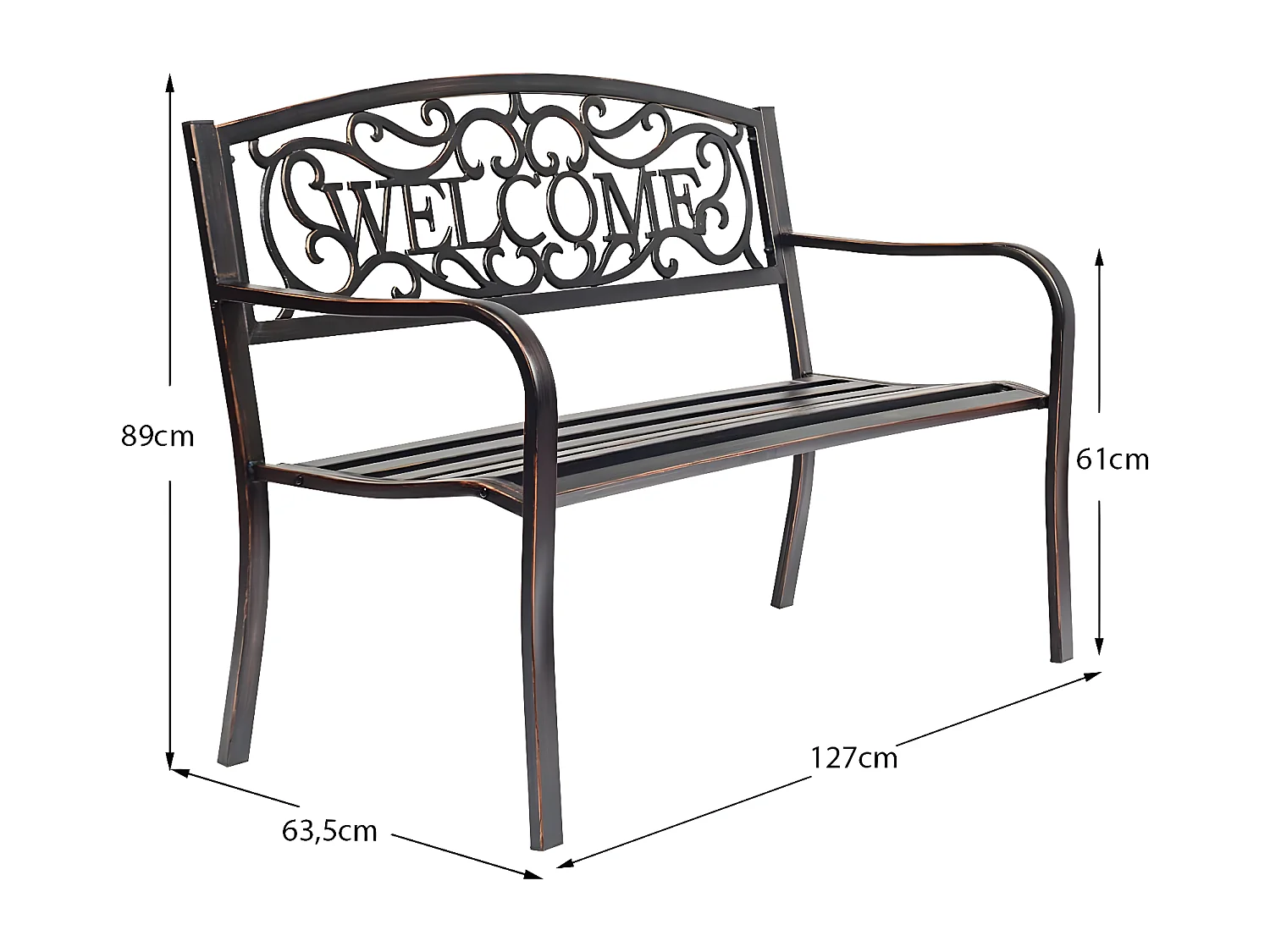 Banc de Jardin 3 Places Extérieur Cadre Métallique Style Ancien 127 x 63,5 x 89 cm Résistant aux Intempéries Charge 320kg