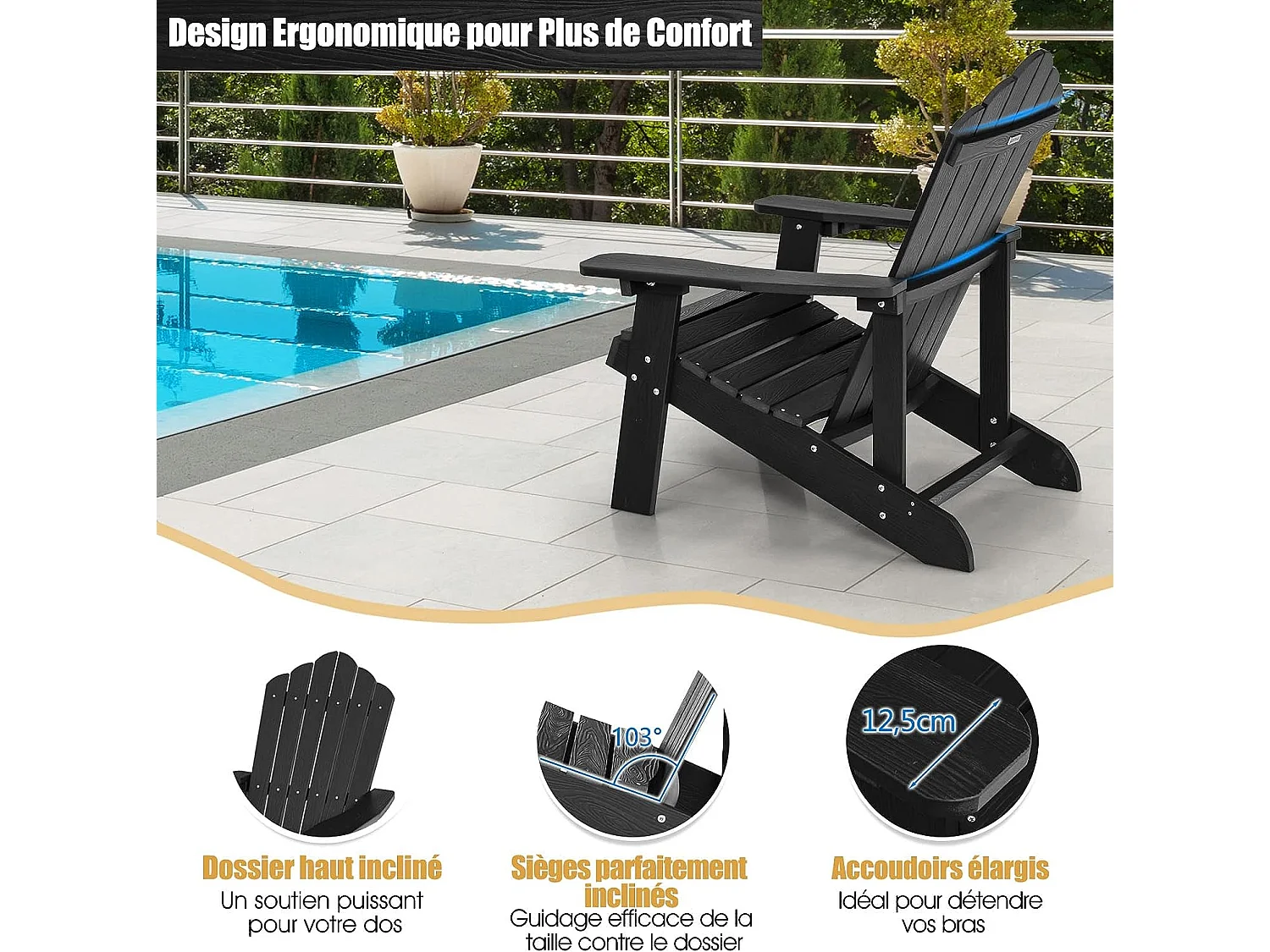Fauteuil de Jardin Adirondack en HIPS Grain de Bois Réaliste, Chaise d'Extérieur Imperméable avec Porte-Gobelet Charge 170KG, pour Jardin Piscine Terrasse (Noir)
