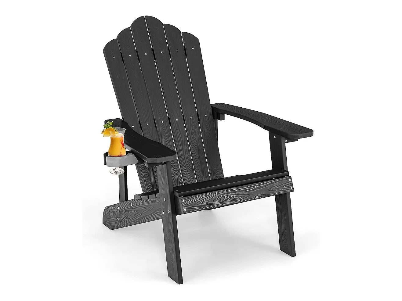 Fauteuil de Jardin Adirondack en HIPS Grain de Bois Réaliste, Chaise d'Extérieur Imperméable avec Porte-Gobelet Charge 170KG, pour Jardin Piscine Terrasse (Noir)
